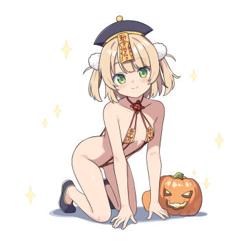 1girl all_fours bare_arms bare_shoulders black_hat black_shoes blonde_hair breasts closed_mouth collarbone commentary_request full_body green_eyes hat hatsunatsu head_tilt indie_virtual_youtuber jack-o&#039;-lantern looking_at_viewer ofuda qingdai_guanmao shadow shigure_ui_(vtuber) shoes simple_background slingshot_swimsuit small_breasts smile solo sparkle swimsuit two_side_up virtual_youtuber white_background