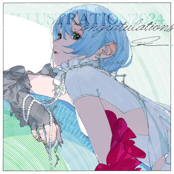 1girl aqua_hair aqua_nails arm_rest breast_rest breasts chain chain_necklace clothing_cutout commentary_request congratulations earrings elbow_gloves fingerless_gloves from_side gloves green_eyes guest_art hair_between_eyes highres illustration.media jewelry lipgloss looking_at_viewer medium_breasts multiple_rings necklace oekaki_taro official_art pearl_necklace ring short_hair side_cutout signature solo sparkle_earrings upper_body