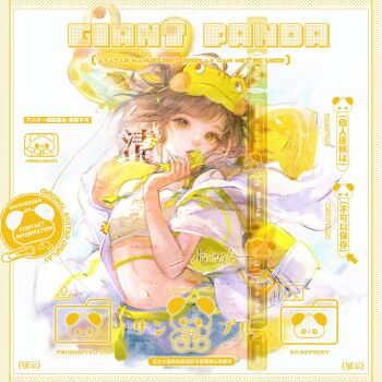 1girl absurdres animal_balloon backpack bag bare_shoulders blue_shorts brown_hair chinese_commentary clothes_writing commentary_request commission cropped_legs cropped_shirt denim denim_shorts eyelashes frog_mask green_eyes green_mask hair_rings highres holding holding_paper hood hood_down hooded_jacket jacket jacket_partially_removed jingjing_de_zuo_yike_shuai_xingzi lipstick looking_at_viewer makeup mask mask_on_head midriff navel original paper parted_lips pink_lips sample_watermark shirt short_hair short_shorts shorts sleep_mask sleeveless sleeveless_shirt solo too_many_watermarks two-sided_fabric two-sided_jacket watermark white_background white_bag white_jacket white_shirt