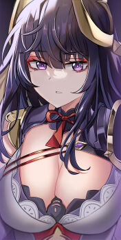 1girl absurdres armor blunt_bangs blurry breasts cleavage close-up commentary dated_commentary depth_of_field eyeliner eyeshadow fake_horns genshin_impact headpiece highres horns huge_breasts japanese_armor long_hair looking_at_viewer makeup mole mole_under_eye multicolored_hair neck_ribbon parted_lips patpang purple_background purple_eyes purple_hair raiden_shogun raiden_shogun_(magatsu_mitake_narukami_no_mikoto) red_eyeliner red_eyeshadow red_ribbon ribbon shoulder_armor solo streaked_hair teeth upper_body