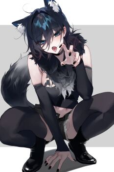 1girl :o absurdres animal_ears ankle_boots bara_(03_bara_) black_boots black_nails black_shorts black_thighhighs blue_eyes blush boots breasts commentary detached_sleeves fake_animal_ears grey_background hair_between_eyes highres large_breasts long_sleeves looking_at_viewer nail_polish open_mouth original revision short_hair short_shorts shorts simple_background solo squatting symbol-only_commentary thighhighs thighs yokoyama_ishimi