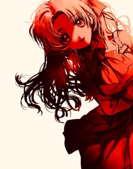 1girl andou_(and_y_u) bow bowtie collared_shirt commentary_request highres long_hair long_sleeves looking_at_viewer parted_bangs red_theme sayonara_wo_oshiete school_uniform shirt simple_background skirt smile solo ueno_koyori white_background