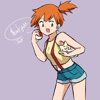 1girl :d bare_arms blue_shorts breasts cowboy_shot crop_top denim denim_shorts english_text eyelashes gen_2_pokemon green_eyes green_shorts grey_background hair_tie hand_up holding holding_poke_ball holding_pokemon midriff misty_(pokemon) nintendo open_mouth orange_hair poke_ball poke_ball_(basic) pokemon pokemon_(anime) pokemon_(classic_anime) pokemon_(creature) pokemon_rgby ponytail purple_background shirt short_hair short_shorts shorts side_ponytail simple_background sleeveless sleeveless_shirt small_breasts smile solo speech_bubble suspender_shorts suspenders thank_you togepi tongue yellow_shirt