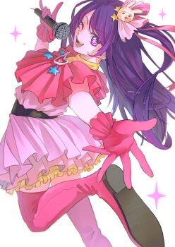 Rule 34 | 1girl, ;d, absurdres, artist name, boots, brooch, dress, gloves, hair ornament, heart, heart brooch, highres, holding, holding microphone, hoshino ai, ice morinaka, idol, jewelry, leg up, long hair, microphone, multicolored hair, one eye closed, one side up, open mouth, oshi no ko, outstretched arm, pink boots, pink dress, pink gloves, pink hair, purple eyes, purple hair, rabbit hair ornament, simple background, smile, solo, star (symbol), star hair ornament, streaked hair, teeth, thigh boots, thighhighs, two-tone hair, white background, zettai ryouiki