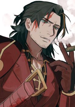 1boy beard_stubble black_eyes black_hair black_shirt blood blood_from_forehead blood_on_face bloody_weapon bus_gen094 cigar collared_shirt curtained_hair facial_hair gloves gold_trim grin highres holding holding_cigar jacket jacket_on_shoulders lei_heng_(project_moon) limbus_company looking_to_the_side male_focus mullet out_of_frame parted_lips project_moon red_gloves red_jacket red_vest shirt single_hair_streak smile smoke smoking solo stubble vest weapon