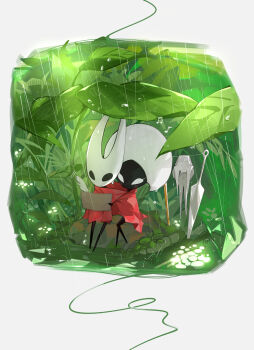 2girls arthropod_girl black_skin blush cloak colored_skin dema_hmw highres hollow_knight hollow_knight:_silksong horned_mask hornet_(hollow_knight) horns lace_(hollow_knight) leaf mask multiple_girls musical_note needle_(hollow_knight) quill rain red_cloak water_drop weapon white_mask