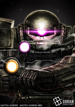 Rule 34 | aiming, aiming at viewer, amasaki yusuke, cable, commentary request, copyright notice, english text, glowing, glowing eye, gundam, gundam card game, lens flare, logo, mecha, mecha focus, mobile suit, mobile suit gundam, official art, realistic, robot, scene reference, science fiction, scope, shield, sunrise (company), title, zaku ii, zeon