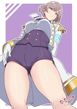 1girl absurdres blue_eyes blush breasts brown_hair commentary_request corset gloves grey_hair gridman_universe highres jacket large_breasts looking_at_viewer military_jacket mujina nanafumi_(nanafumino) navel necktie purple_shorts shirt short_hair shorts simple_background solo ssss.dynazenon swimsuit thighs white_gloves white_jacket