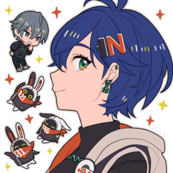 Rule 34 | 1boy, 1girl, 72kuri, antenna hair, bangboo (zenless zone zero), belle (zenless zone zero), black sweater, blue hair, blue jacket, chibi, chibi inset, closed mouth, commentary request, earrings, grey hair, hair ornament, highres, jacket, jewelry, short hair, smile, sparkle, sweater, wise (zenless zone zero), zenless zone zero