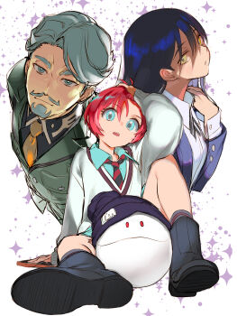 1boy 2girls amate_yuzuriha aqua_eyes beard blue_hair challia_bull collared_shirt commentary_request facial_hair green_eyes green_hair gundam gundam_gquuuuuux haro highres jacket long_hair long_sleeves looking_at_viewer military_jacket military_uniform multiple_girls mustache necktie non-humanoid_robot nyaan_(gundam_gquuuuuux) red_hair robot school_uniform shirt short_hair sweater tatami_to_hinoki yellow_eyes