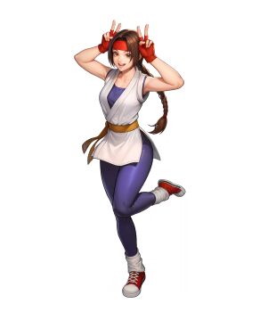 1girl braid brown_eyes brown_hair female_focus hairband leggings long_hair looking_at_viewer pale_skin pants shoes smile smiley_face sneakers socks standing the_king_of_fighters thick_thighs thighs tight_clothes tight_pants wide_hips yoga_pants yuri_sakazaki