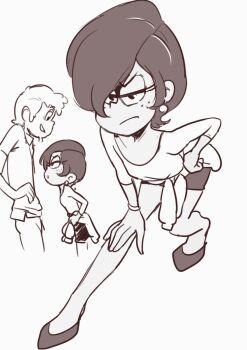 1boy 1girl aged_up alternate_hairstyle breasts clothes_around_waist cropped_legs dark-skinned_female dark_skin earrings eye_contact facial_hair freckles from_side full_body goatee greyscale half-closed_eyes hand_on_own_hip height_difference highres jewelry kaze_fukeba_nanashi lincoln_loud looking_at_another monochrome multiple_views ronnie_anne_santiago shorts simple_background small_breasts sweater sweater_around_waist the_casagrandes the_loud_house white_background