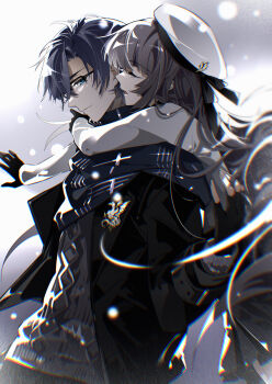 1boy 1girl beret black_gloves black_hair black_jacket black_ribbon black_sweater blue_eyes blue_hair blue_scarf brown_hair chromatic_aberration clarence_clayden closed_eyes closed_mouth coldiron dress from_side glasses gloves hand_in_another&#039;s_hair hat hat_ribbon heroine_(lovebrush_chronicles) hetero highres hug hug_from_behind jacket long_hair long_sleeves looking_at_viewer lovebrush_chronicles mole mole_under_eye open_mouth profile ribbon scarf short_hair smile snow snowing sweater white_dress white_hat winter_clothes