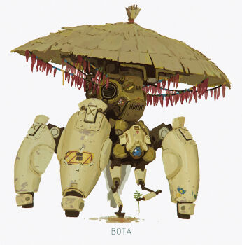 cheef0ng commentary digging english_commentary english_text gardening hat highres holding holding_plant mecha mecha_focus no_humans original plant robot science_fiction simple_background straw_hat white_background