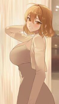 1girl absurdres ahoge alternate_costume anis_(nikke) bllus blush breasts brown_eyes brown_hair curtains goddess_of_victory:_nikke hair_between_eyes highres huge_breasts long_sleeves looking_at_viewer smile solo