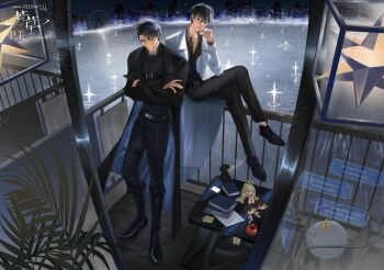 2boys absurdres balcony belt_collar biyoo_(omniscient_reader's_viewpoint) black_coat black_hair black_shirt character_doll chest_belt coat collar collared_shirt commentary crossed_arms crossed_legs doll english_commentary fern finger_to_mouth full_body hand_up head_tilt highres kim_dokja looking_at_viewer male_focus multiple_boys night omniscient_reader's_viewpoint on_railing open_door perspective plant potted_plant railing shirt short_hair skyline suu_an37 uriel_(omniscient_reader's_viewpoint) white_coat yoo_joonghyuk