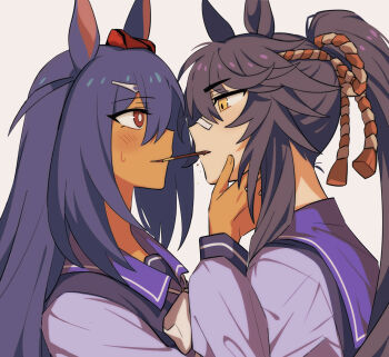 2girls animal_ears bandaid bandaid_on_face bandaid_on_nose black_hair blush bow bowtie dark-skinned_female dark_skin ear_ornament ear_scrunchie eye_contact face-to-face food food_in_mouth hair_between_eyes hair_ornament hairclip hand_on_another&#039;s_chin highres hishi_amazon_(umamusume) horse_ears horse_girl hwipa_(param_blue) imminent_kiss incoming_pocky_kiss long_hair long_sleeves looking_at_another mouth_hold multiple_girls narita_brian_(umamusume) open_mouth pocky pocky_in_mouth pocky_kiss ponytail purple_sailor_collar purple_serafuku purple_shirt red_eyes red_scrunchie rope sailor_collar sailor_shirt school_uniform scrunchie serafuku shared_food shimenawa shirt simple_background sweatdrop tracen_school_uniform umamusume upper_body very_long_hair white_bow white_bowtie yellow_eyes yuri