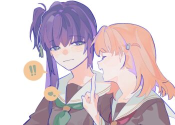 ! !! 2girls :d ^_^ brown_dress cerise_bouquet closed_eyes commentary dress facing_another green_eyes green_neckerchief hair_ornament hasu_no_sora_school_uniform heart hinoshita_kaho index_finger_raised link!_like!_love_live! long_hair long_sleeves looking_at_another love_live! medium_hair multiple_girls neckerchief open_mouth orange_hair otomune_kozue pipi_(m1x_mix) purple_hair rabbit_hair_ornament red_neckerchief sailor_collar sailor_dress school_uniform side_ponytail sidelocks simple_background smile spoken_exclamation_mark spoken_heart two_side_up virtual_youtuber white_background white_sailor_collar winter_uniform