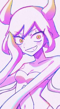 1girl bare_shoulders blonde_hair breasts cleavage clothing_cutout collarbone colored_skin commentary_request gradient_hair hand_on_own_cheek hand_on_own_face highres looking_at_viewer marina_(omori) medium_breasts multicolored_hair navel navel_cutout omori open_mouth pink_hair pink_skin short_hair simple_background smile solo tentacle_hair two-tone_hair upper_body white_background yellow_eyes yksm_oe