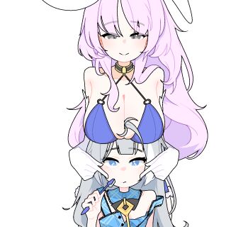 2girls :/ ahoge animal_ears animated animated_gif blinking blue_dress blue_eyes blue_one-piece_swimsuit breast_rest breasts breasts_on_head cheek_poking closed_mouth collarbone commentary_request dress dthmns elbow_gloves extra_pupils female_tyrant_(stella_sora) flapping_ears flat_chest frilled_one-piece_swimsuit frills gloves grey_eyes grey_hair highres holding holding_toothbrush huge_breasts jewelry key key_necklace korean_commentary multiple_girls necklace o-ring o-ring_top one-piece_swimsuit poking purple_hair rabbit_ears rabbit_girl shia_(stella_sora) simple_background sleeveless sleeveless_dress smile stella_sora swimsuit toothbrush tyrant_(stella_sora) white_background white_gloves
