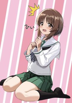 1girl black_sailor_collar black_socks blush brown_eyes brown_hair girls_und_panzer green_skirt highres looking_to_the_side nishizumi_miho ooarai_school_uniform open_mouth sailor_collar school_uniform shirt short_hair sitting skirt socks solo white_shirt zaofeng