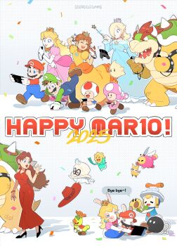 6+boys 6+girls artist_name blonde_hair blue_dress blue_eyes bobby_(paper_mario) bowser breasts brown_hair cappy_(mario) cleavage connie_(mario) crown donkey_kong_(series) dress earrings eyeshadow facial_hair flower_earrings gloves grin high_heels highres jewelry lipstick long_hair luigi luma_(mario) makeup mario mario_&amp;_luigi:_brothership mario_(series) mario_+_rabbids_sparks_of_hope multiple_boys multiple_girls mustache nintendo nintendo_switch off_shoulder olivia_(paper_mario) orange_dress overalls paper_mario paper_mario:_the_origami_king pauline_(mario) pink_dress prince_florian princess_daisy princess_peach princess_peach:_showtime! rabbid_mario rabbid_peach raving_rabbids red_dress red_hair rosalina smile snoutlet_(mario) spiked_shell ssuregigame stella_(peach) super_mario_bros._wonder super_mario_galaxy super_mario_odyssey talking_flower_(mario) toad_(mario) toadette