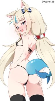 1girl absurdres animal_ears ass bikini black_bikini black_thighhighs blonde_hair blue_eyes blue_hair blush bow breasts cat_ears fins fish_tail hair_bow highres indie_virtual_youtuber loli long_hair looking_at_viewer low_twintails micro_bikini roswell_ss sameko_saba sharp_teeth simple_background small_breasts solo swimsuit tail teeth thighhighs twintails virtual_youtuber white_background