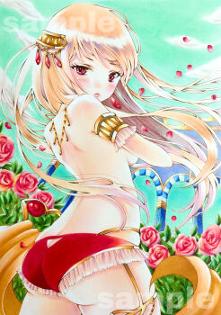 1girl absurdres armband ass blonde_hair blush breasts butt_crack closed_mouth commentary commentary_request cowboy_shot day english_commentary falling_petals floating_hair flower from_behind green_skirt hair_ornament highres long_hair looking_back mixed-language_commentary original outdoors panties petals pink_flower pink_rose red_eyes red_panties rose sample_watermark skirt solo standing tentekomai_(tenteko0214) topless_female turning_head underwear underwear_only watermark