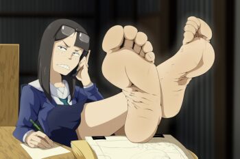 1girl absurdres barefoot black_hair blurry blurry_background cellphone commentary crossed_legs eizouken_ni_wa_te_wo_dasu_na! english_commentary eyewear_on_head feet feet_on_table foot_focus foreshortening freckles grimace highres kanamori_sayaka kiryu_artwork looking_ahead phone presenting_foot sanpaku school_uniform shibahama_high_school_uniform sitting soles talking_on_phone