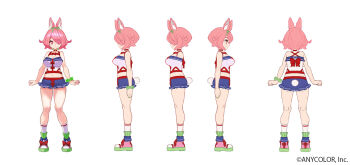Rule 34 | 1girl, animal ears, azuchi momo, azuchi momo (1st costume), bare shoulders, blue shorts, breasts, reference sheet, choker, closed mouth, copyright name, copyright notice, crop top, full body, green ribbon, green scrunchie, hair over one eye, hair ribbon, large breasts, looking at viewer, multiple views, navel, nijisanji, official art, pink eyes, pink hair, rabbit ears, rabbit tail, red choker, ribbon, scrunchie, second-party source, shirt, shoes, short shorts, shorts, simple background, sleeveless, smile, sneakers, socks, tachi-e, tail, virtual youtuber, white background, white shirt, white socks, wrist scrunchie, yuuki (irodo rhythm)