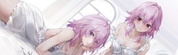 2girls absurdres alternate_costume arm_support bare_shoulders breasts cleavage closed_mouth cropped dress dual_persona evernight_(honkai:_star_rail) hair_between_eyes highres honkai:_star_rail honkai_(series) long_hair looking_at_viewer lying march_7th_(honkai:_star_rail) medium_hair multicolored_eyes multiple_girls on_stomach pink_hair red_eyes smile swkl:d thighs two-tone_eyes white_dress