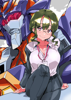 1girl anosillus_ii belt black_belt breasts brown_eyes cleavage collarbone collared_shirt daison grey_jacket grey_pants gridknight_(ssss.gridman) gridman_universe hair_behind_ear highres id_card jacket looking_up mecha medium_breasts pants robot shirt sidelocks sitting smile ssss.dynazenon white_shirt