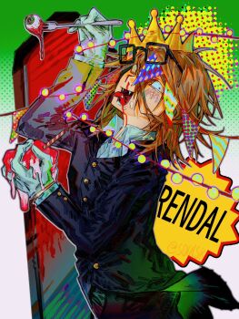 1boy birthday_cake black_coat blue_background cake character_name coat commentary cowboy_shot crown eyeball eyewear_on_head fangs food food_on_face fork glasses gloves highres holding holding_cake holding_food holding_fork looking_at_viewer male_focus medium_hair mirror orange_hair pink_eyes randal&#039;s_friends randal_ivory solo soulsk string_lights tongue tongue_out typo