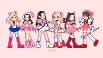 6+girls bishoujo_senshi_sailor_moon black_hair blonde_hair blue_skirt bob_cut boots cardcaptor_sakura chibi choker commentary corrector_yui cosplay double_bun dress earrings eunha_(gfriend) gfriend gloves hair_bun harukaze_doremi harukaze_doremi_(cosplay) hat high_heels highres holding holding_wand jewelry kaname_madoka kaname_madoka_(cosplay) kaname_madoka_(magical_girl) kasuga_yui kasuga_yui_(cosplay) kinomoto_sakura kinomoto_sakura_(cosplay) long_hair looking_at_viewer magical_girl mahou_shoujo_madoka_magica mew_ichigo mew_ichigo_(cosplay) momomiya_ichigo multiple_girls ojamajo_doremi pey_gf pink_background pink_boots pink_dress real_life sailor_moon sailor_moon_(cosplay) sailor_moon_pose simple_background sinb_(gfriend) skirt sowon_(gfriend) thighhighs tokyo_mew_mew twintails twitter_username umji_(gfriend) v wand white_boots white_gloves white_thighhighs wings yerin_(gfriend) yuju_(gfriend)