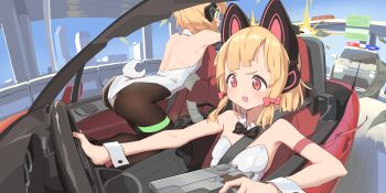2girls absurdres alternate_costume amigo_(hua_cao) animal_ear_headphones animal_ears ass bare_shoulders black_bow black_bowtie blonde_hair blue_archive bow bowtie breasts car cat_ear_headphones cat_ears commentary detached_collar driving fake_animal_ears fake_tail firing green_eyes gun hair_bow headphones highres holding holding_gun holding_weapon incredibly_absurdres midori_(blue_archive) momoi_(blue_archive) motor_vehicle multiple_girls police_car rabbit_girl rabbit_tail red_bow red_eyes siblings sidelocks sisters sitting small_breasts steering_wheel symbol-only_commentary tail twins vehicle_chase weapon wrist_cuffs