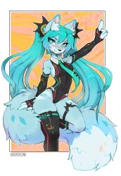 Rule 34 | 1girl, :3, animal ear fluff, animal ears, animal nose, aqua eyes, aqua fur, aqua hair, aqua nails, aqua tail, arm up, artist name, asymmetrical legwear, bare shoulders, black gloves, black one-piece swimsuit, black socks, black thighhighs, blush, border, breasts, bright pupils, closed mouth, commentary, covered navel, elbow gloves, english commentary, fingerless gloves, foot out of frame, fox ears, fox girl, fox tail, furrification, furry, furry female, gloves, green necktie, hair between eyes, hair ornament, hatsune miku, highres, index finger raised, kneehighs, large tail, legs, long hair, looking at viewer, making-of available, multicolored background, multicolored tail, necktie, nose blush, number print, one-piece swimsuit, orange background, outside border, outstretched arm, sidelocks, signature, single sock, single thighhigh, skindentation, small breasts, socks, solo, standing, standing on one leg, swimsuit, tail, thigh strap, thighhighs, tie clip, tsurime, twintails, very long hair, vocaloid, waspsalad, white border, white pupils, white tail, yellow background