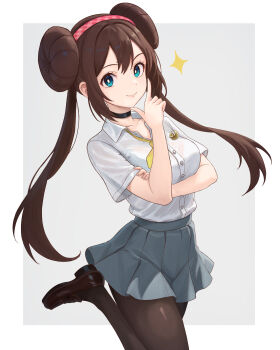 1girl absurdres black_choker black_pantyhose blue_eyes bow breasts brown_hair choker closed_mouth collarbone collared_shirt double_bun grey_skirt hair_bun hairband highres long_hair looking_at_viewer nintendo pantyhose pink_hairband pleated_skirt pokemon pokemon_bw2 red_hairband rosa_(pokemon) shirt short_sleeves simple_background skirt smile solo sparkle truejekart twintails white_shirt yellow_bow