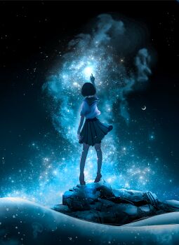 1girl absurdres arm_up black_hair black_skirt commentary_request crescent_moon from_behind highres moon night night_sky nor_ni original outdoors outstretched_arm pleated_skirt rock scenery shirt short_hair short_sleeves skirt sky solo standing star_(sky) white_shirt