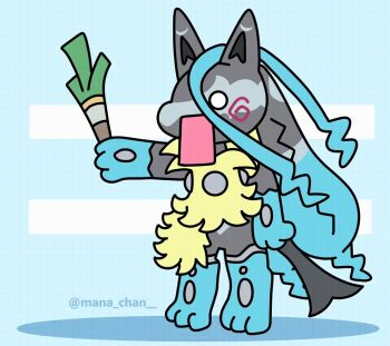 1other animal_ears animated animated_gif black_fur blue_eyes blue_fur body_fur expressionless full_body furry gen_4_pokemon hatsune_miku look-alike lucario mana-chan mega_lucario_z mega_pokemon multicolored_fur nintendo open_mouth parody pokemon pokemon_(creature) pokemon_focus pokemon_legends:_z-a pun simple_background solo standing style_parody tail twitter_username vocaloid yellow_fur