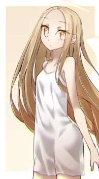 1girl angel_notes angel_wings bare_shoulders blonde_hair breasts dress forehead halo long_hair looking_at_viewer parted_bangs small_breasts solo v/v white_dress wings yellow_eyes yubeshi_(zecxl)