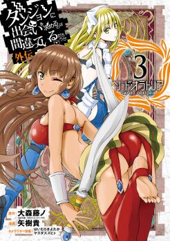 Rule 34 | 2girls, aiz wallenstein, armor, ass, bikini, blonde hair, blue boots, boots, bracer, braid, braided sidelocks, breasts, brown hair, closed mouth, cover, cover page, dark-skinned female, dark skin, dual wielding, dungeon ni deai wo motomeru no wa machigatteiru darou ka, earrings, hairband, highres, holding, holding sword, holding weapon, jewelry, large breasts, long hair, looking at viewer, manga cover, metal hairband, multiple girls, official art, one eye closed, parted lips, red bikini, red thighhighs, reverse grip, sarong, shoulder armor, smile, sphere earrings, stirrup legwear, swimsuit, sword, sword oratoria, thighhighs, third-party source, tione hyryute, toeless legwear, twin braids, weapon, yagi takashi, yellow eyes, yellow sarong