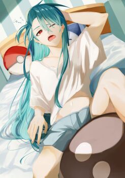 1girl ahoge bed boyshort_panties clodsire clothes_lift dutch_angle ear_piercing earrings green_hair highres jewelry long_hair nintendo piercing pillow poke_ball pokemon pokemon_(creature) pokemon_sv red_eyes rika_(pokemon) shirt shirt_lift shu_8n swept_bangs t-shirt very_long_hair waking_up white_shirt yawning