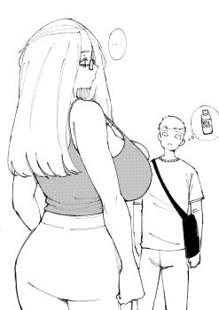 ... 1boy 1girl bag bangs_pinned_back bottle breasts camisole cleavage closed_mouth cowboy_shot folded_hair from_behind glasses greyscale hair_pulled_back handbag highres huge_breasts inne_sulistya_robin leggings long_hair looking_at_another milk_bottle monochrome norman_maggot original short_hair simple_background skindentation solo_focus speech_bubble thought_bubble white_leggings