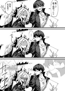 1boy 1girl blue_archive blush fang ganma_(nicoseiga52595768) greyscale halo highres hina_(blue_archive) holding holding_paper horns monochrome multiple_horns paper paper_stack sensei_(blue_archive) speech_bubble sweatdrop wings