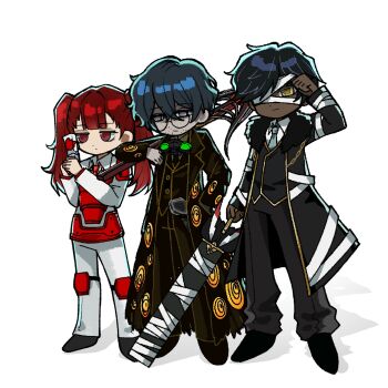 Rule 34 | 1girl, 2boys, alyssa (project moon), armor, bandaged weapon, bandages over clothes, beak (e.g.o), black coat, black hair, black jacket, black pants, black shoes, black vest, blindfold, blindfold lift, blue hair, bow (weapon), breastplate, center-flap bangs, coat, collared shirt, commentary, crossbow, dark-skinned male, dark skin, deformed, diffraction (e.g.o), double-parted bangs, e.g.o (project moon), expressionless, eye print, facial hair, fur-trimmed coat, fur trim, goatee stubble, goggles, goggles around neck, gold trim, grey eyes, gun, hair between eyes, hand in pocket, handgun, hands up, highres, hip armor, hohenheim (project moon), holding, holding crossbow, holding gun, holding sword, holding weapon, jacket, justitia (e.g.o), knee pads, lamp (e.g.o), lapels, limbus company, lobotomy corporation, long hair, long sleeves, looking ahead, marton (project moon), meito 404, messy hair, multiple boys, necktie, night vision device, notched lapels, one eye covered, open clothes, open coat, over shoulder, own hands together, pants, project moon, red armor, red eyes, red hair, round eyewear, shirt, shoes, short hair, shoulder pads, simple background, smile, stubble, sword, twintails, vest, weapon, weapon over shoulder, white background, white pants, white shirt, yellow eyes