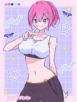 1girl bare_shoulders black_pants blush border bra breasts character_name closed_mouth collarbone commentary_request cowboy_shot digimon digimon_card_game digimon_liberator high_ponytail highres impmon large_breasts nagoshi navel pants pink_border pink_hair ponytail purple_background purple_eyes smile solo sports_bra star_(symbol) underwear v white_bra yuuki_(digimon)