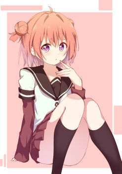 Rule 34 | 1girl, absurdres, ahoge, akaza akari, ass peek, black socks, brown sailor collar, buttons, commentary request, double bun, dress, feet out of frame, finger to mouth, furrowed brow, hair bun, highres, kneehighs, knees, knees up, layered sleeves, light blush, long sleeves, looking at viewer, nanamori school uniform, one-hour drawing challenge, parted lips, pink background, pizza (pizzania company), pleated dress, purple eyes, red dress, red hair, sailor collar, sailor shirt, school uniform, shirt, short dress, short hair, short over long sleeves, short sleeves, simple background, socks, solo, thighs, twintails, two side up, white shirt, yuruyuri