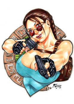 1girl bare_legs bare_shoulders braid braided_ponytail breasts brown_eyes brown_hair cleavage covered_erect_nipples dated fingerless_gloves fred_benes glasses gloves gun handgun highleg highleg_one-piece_swimsuit highres holding holding_gun holding_weapon lara_croft large_breasts lips lipstick long_hair looking_at_viewer looking_over_eyewear looking_over_glasses makeup one-piece_swimsuit parted_lips pistol ponytail red-tinted_eyewear red-tinted_glasses shiny_clothes shiny_skin single_braid skin_tight solo sunglasses swimsuit tank_top tinted_eyewear tomb_raider upper_body weapon