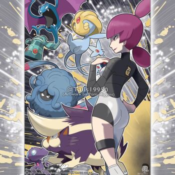 1girl artist_name ass blunt_bangs breasts bronzong closed_eyes closed_mouth commentary company_name copyright_name copyright_notice double_bun english_commentary eyelashes fangs forehead_jewel gen_1_pokemon gen_3_pokemon gen_4_pokemon golbat great_ball hair_bun hand_on_own_hip highres holding holding_poke_ball instagram_username jupiter_(planet) legendary_pokemon lipstick long_sleeves makeup nintendo official_style open_mouth outline poke_ball pokemon pokemon_(creature) pokemon_dppt purple_eyes purple_hair purple_lips sableye skuntank tangrowth team_galactic team_galactic_uniform tom_higgins turtleneck uxie white_outline