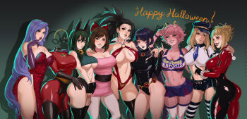 6+girls ashido_mina ass asui_tsuyu bare_legs batman_(series) black_hair black_legwear blonde_hair blossom_(ppg) blossom_(ppg)_(cosplay) blue_hair bodysuit boku_no_hero_academia boots bow breasts brooch brown_hair cape cheerleader cleavage cocktail_dress colored_skin cosplay crop_top dandon_fuga dc_comics dress earrings finger_to_mouth gloves hado_nejire hagakure_toru hair_bow halloween hand_on_another&#039;s_hip hand_on_another&#039;s_shoulder harley_quinn harley_quinn_(cosplay) highres hoop_earrings invisible jessica_rabbit jessica_rabbit_(cosplay) jewelry jiro_kyoka juliet_starling juliet_starling_(cosplay) large_breasts latex latex_gloves leotard lipstick lollipop_chainsaw looking_at_viewer makeup mask miniskirt ms._fortune_(skullgirls) ms._fortune_(skullgirls)_(cosplay) multiple_girls panty_&amp;_stocking_with_garterbelt pantyhose pink_hair pink_skin powerpuff_girls purple_gloves raven_(dc) raven_(dc)_(cosplay) red_dress red_lips side-by-side side_slit skirt skullgirls sleeved_leotard smile standing stocking_(psg) stocking_(psg)_(cosplay) strapless strapless_dress striped_clothes striped_legwear striped_thighhighs teen_titans the_incredibles thigh_boots thighhighs thighs toga_himiko underboob uraraka_ochako utsushimi_kemii vampirella vampirella_(character) vampirella_(character)_(cosplay) violet_parr white_legwear who_framed_roger_rabbit yaoyorozu_momo